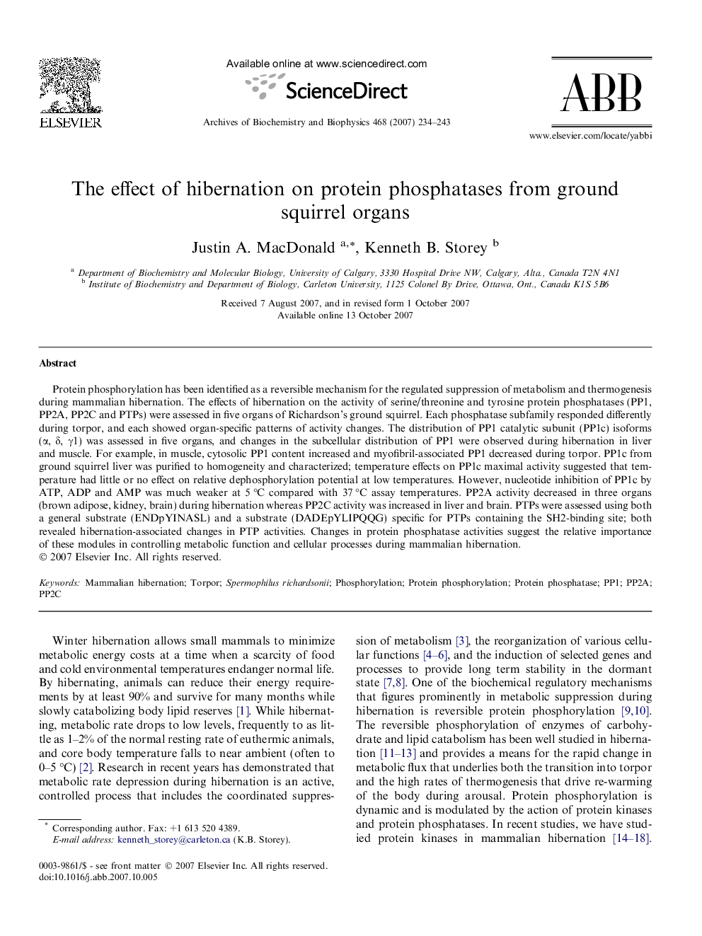 The effect of hibernation on protein phosphatases from ground squirrel organs