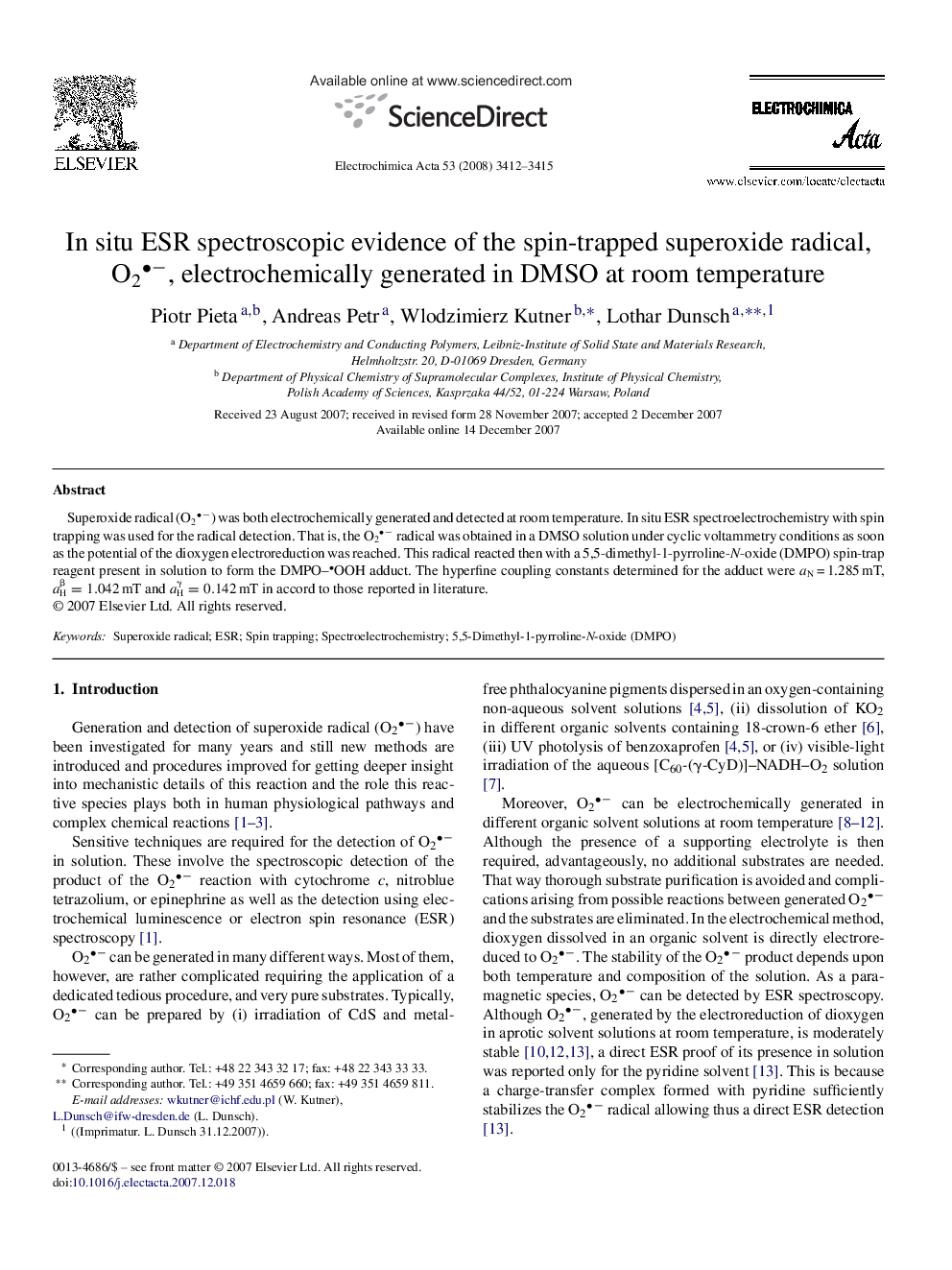 In situ ESR spectroscopic evidence of the spin-trapped superoxide radical, O2−, electrochemically generated in DMSO at room temperature