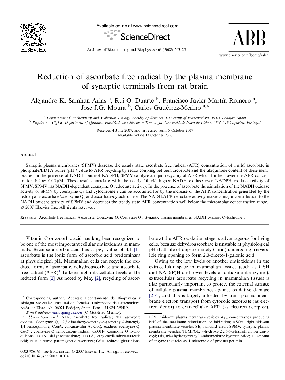 Reduction of ascorbate free radical by the plasma membrane of synaptic terminals from rat brain