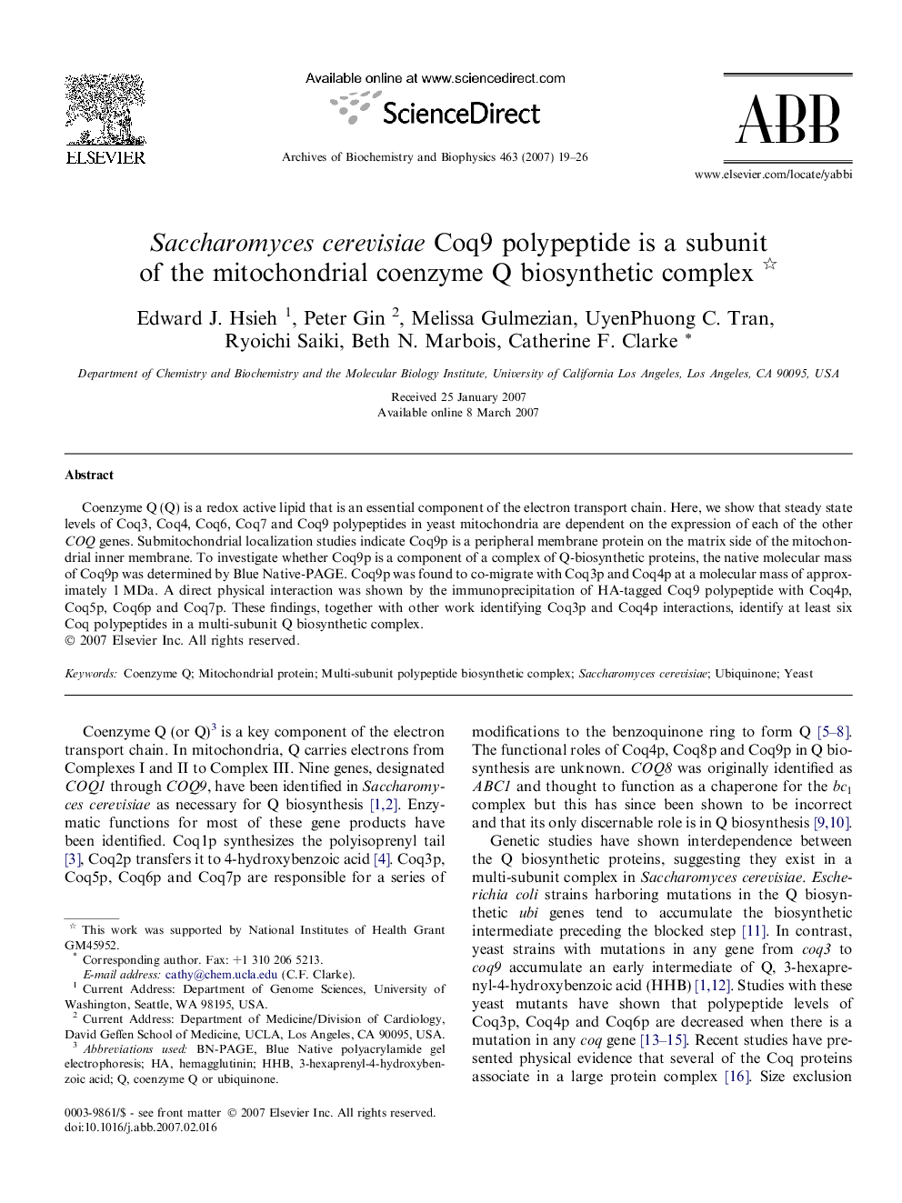 Saccharomyces cerevisiae Coq9 polypeptide is a subunit of the mitochondrial coenzyme Q biosynthetic complex 