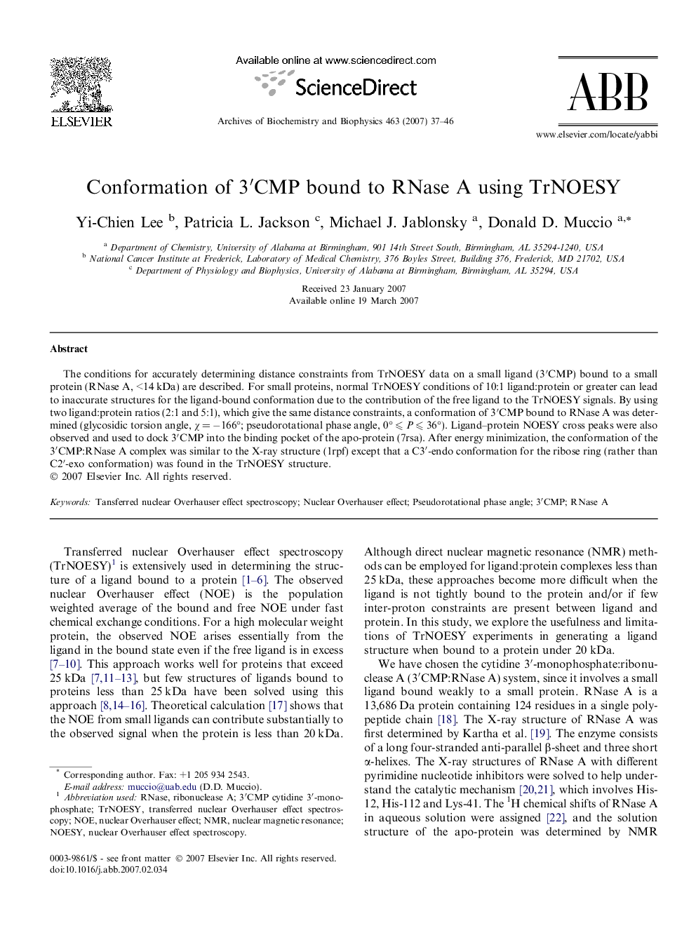 Conformation of 3′CMP bound to RNase A using TrNOESY