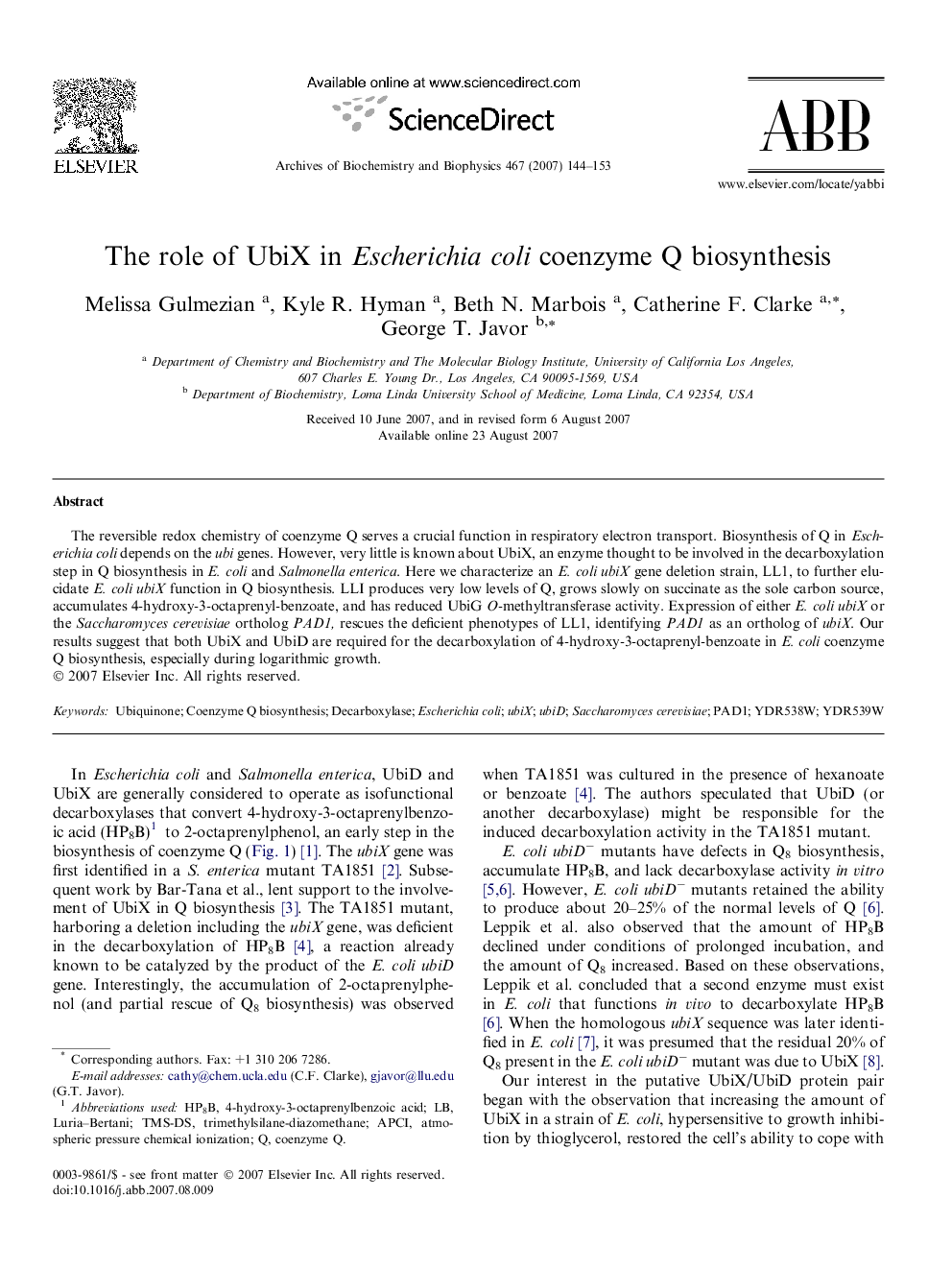 The role of UbiX in Escherichia coli coenzyme Q biosynthesis