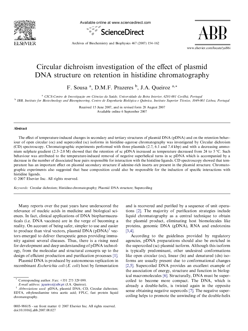 Circular dichroism investigation of the effect of plasmid DNA structure on retention in histidine chromatography