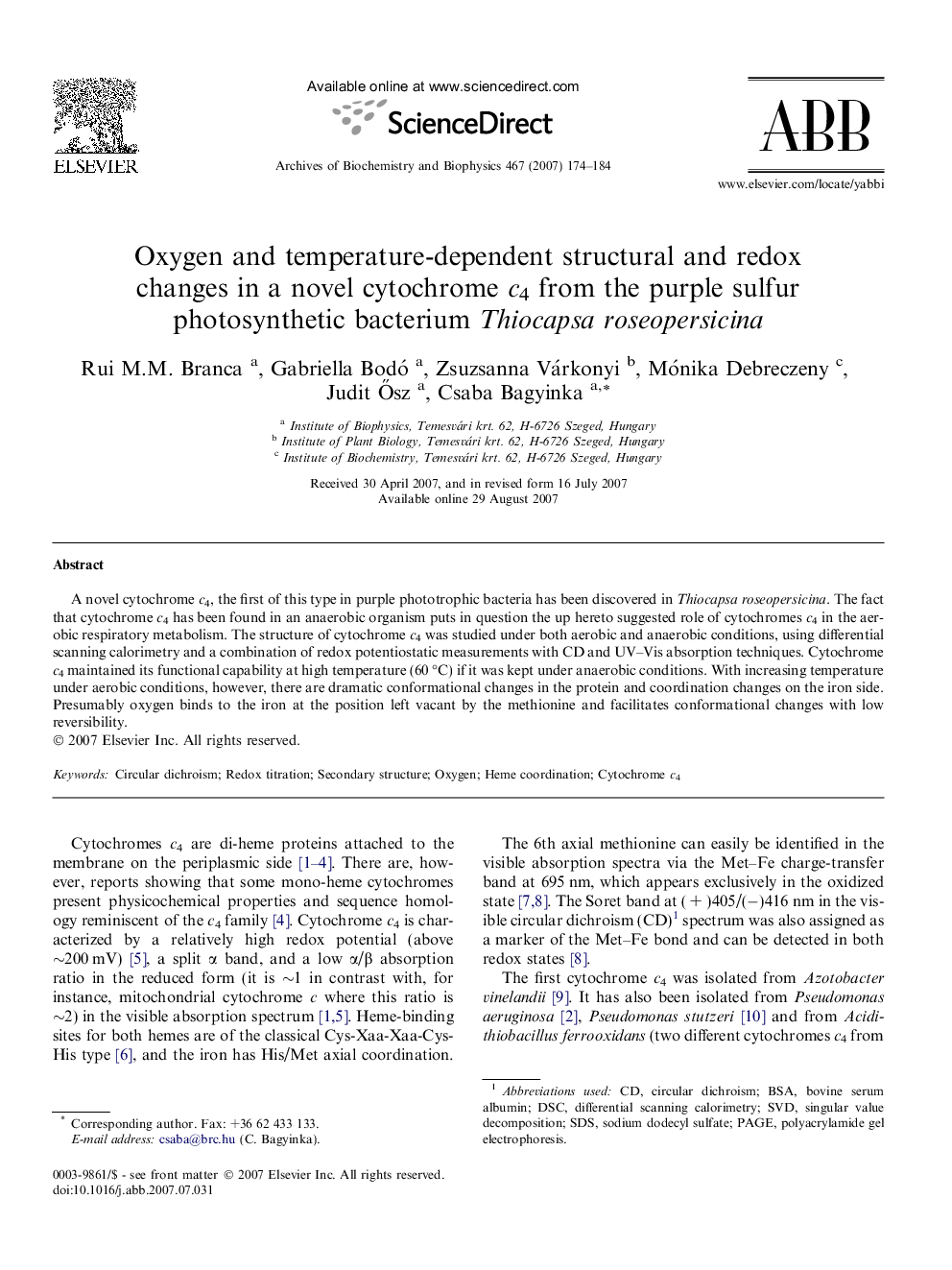 Oxygen and temperature-dependent structural and redox changes in a novel cytochrome c4 from the purple sulfur photosynthetic bacterium Thiocapsa roseopersicina