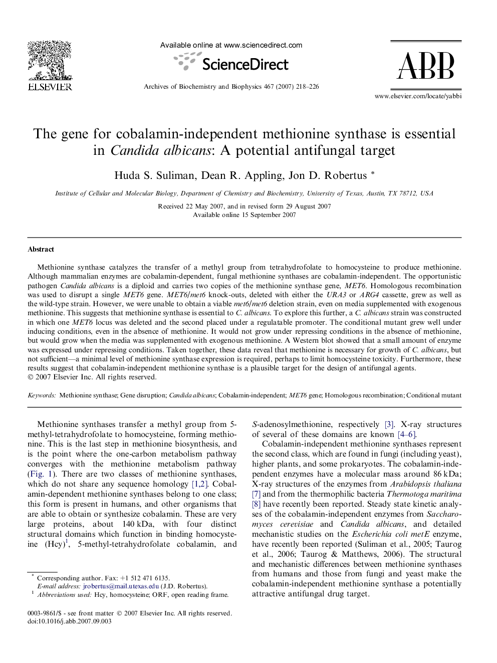 The gene for cobalamin-independent methionine synthase is essential in Candida albicans: A potential antifungal target