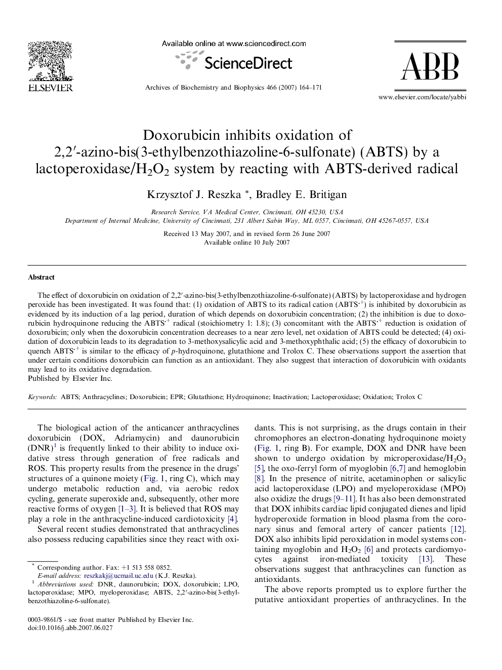 Doxorubicin inhibits oxidation of 2,2′-azino-bis(3-ethylbenzothiazoline-6-sulfonate) (ABTS) by a lactoperoxidase/H2O2 system by reacting with ABTS-derived radical