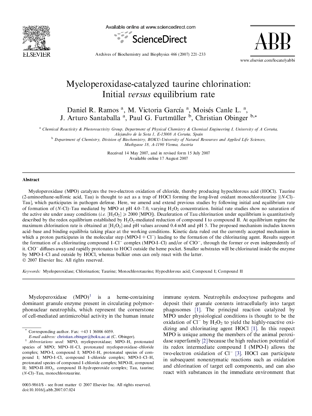 Myeloperoxidase-catalyzed taurine chlorination: Initial versus equilibrium rate