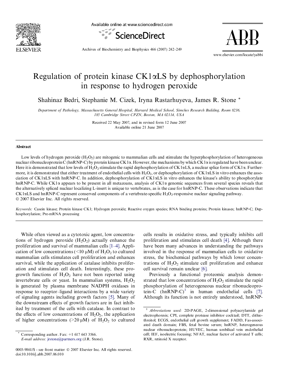 Regulation of protein kinase CK1Î±LS by dephosphorylation in response to hydrogen peroxide