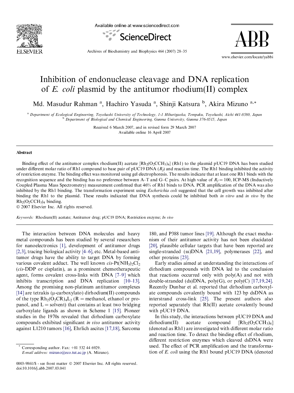 Inhibition of endonuclease cleavage and DNA replication of E. coli plasmid by the antitumor rhodium(II) complex