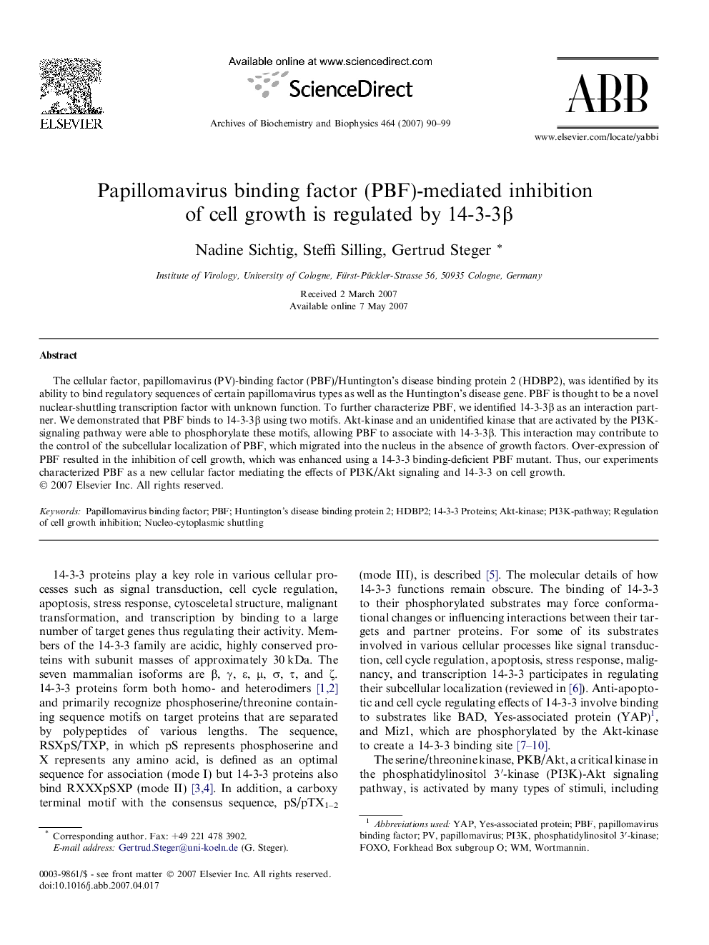 Papillomavirus binding factor (PBF)-mediated inhibition of cell growth is regulated by 14-3-3β