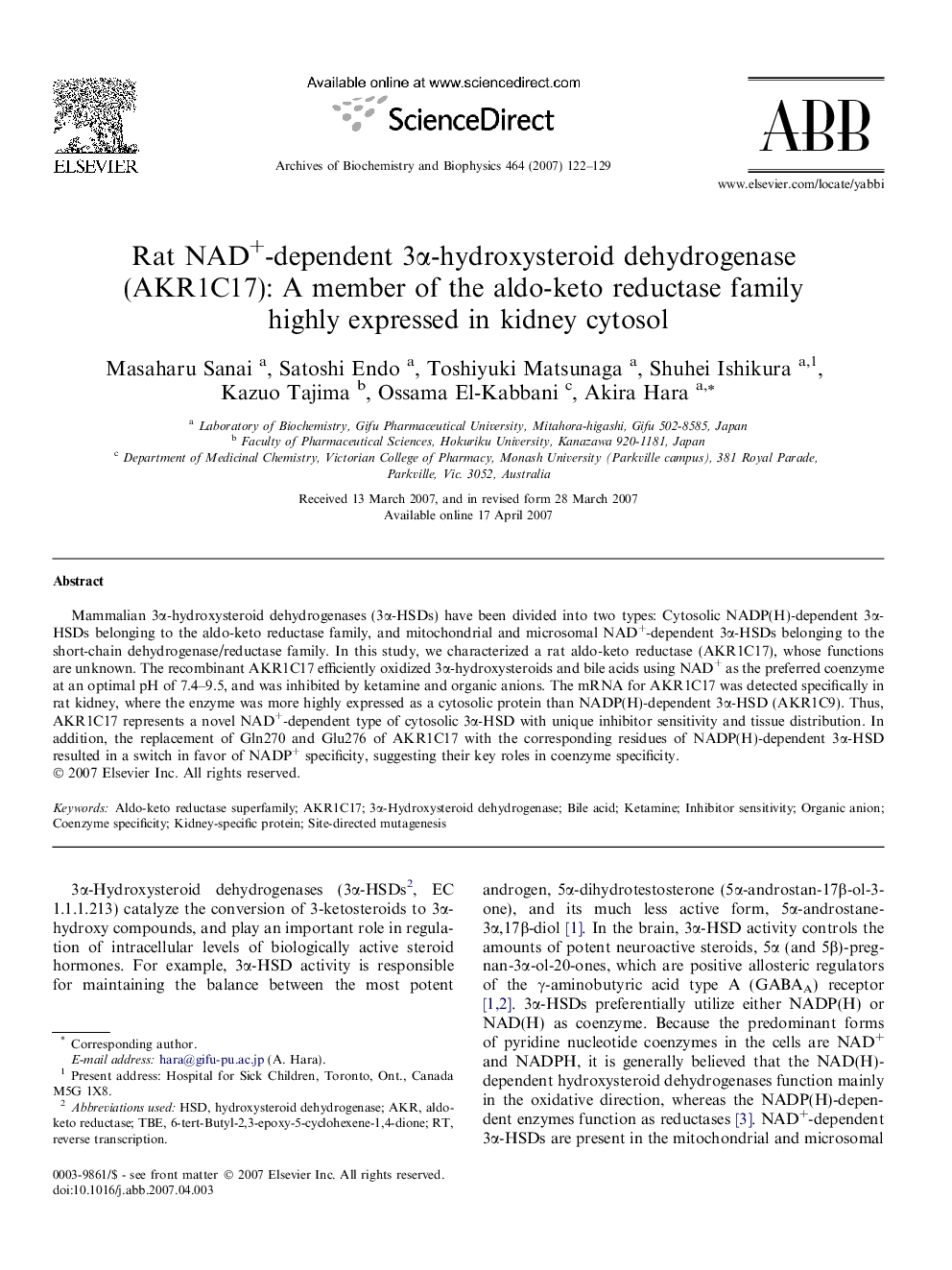 Rat NAD+-dependent 3Î±-hydroxysteroid dehydrogenase (AKR1C17): A member of the aldo-keto reductase family highly expressed in kidney cytosol