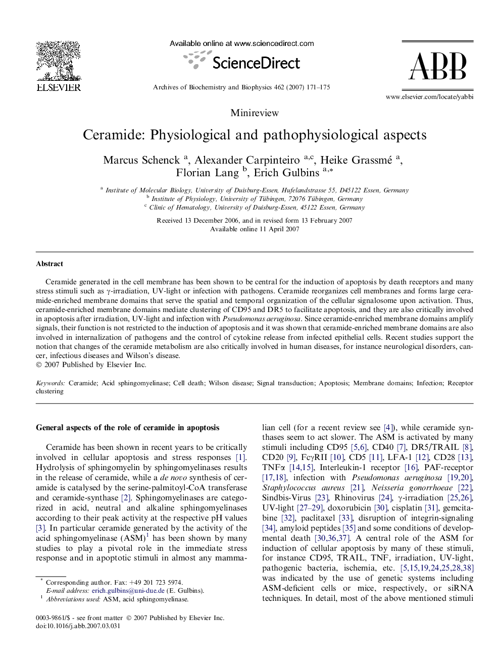 Ceramide: Physiological and pathophysiological aspects