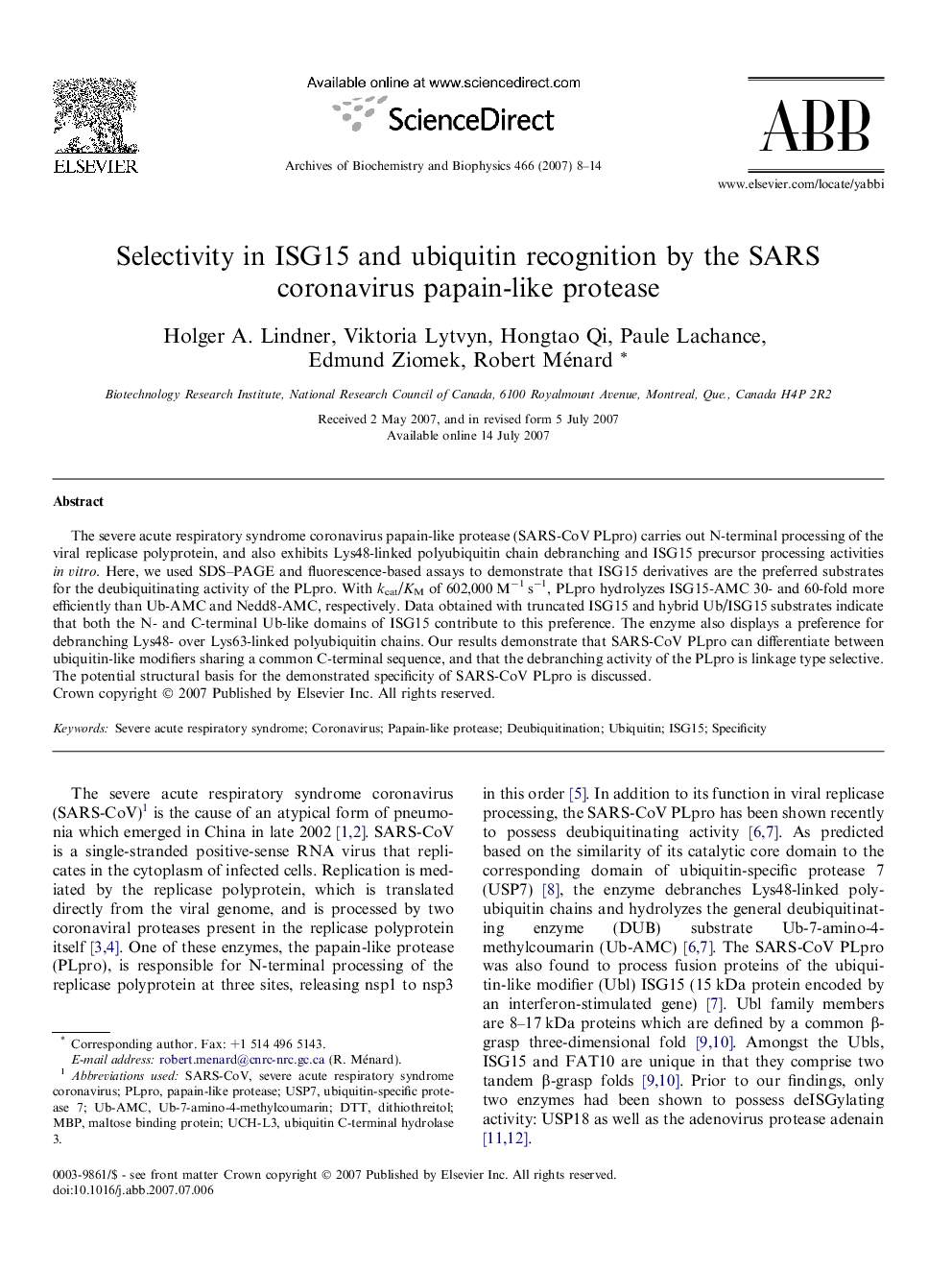 Selectivity in ISG15 and ubiquitin recognition by the SARS coronavirus papain-like protease