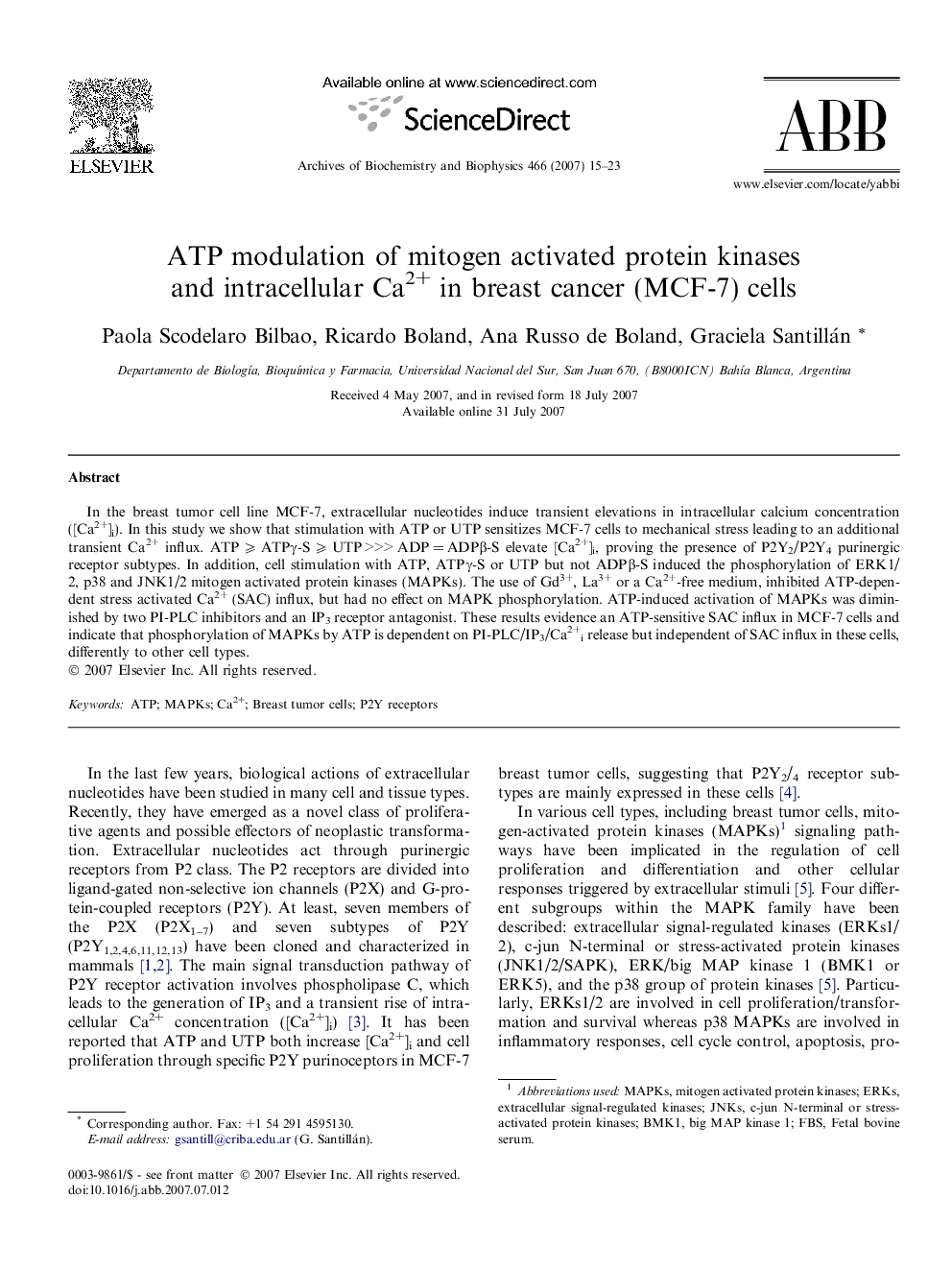 ATP modulation of mitogen activated protein kinases and intracellular Ca2+ in breast cancer (MCF-7) cells