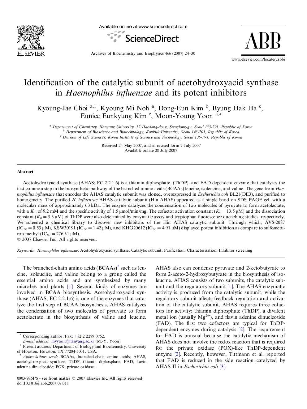 Identification of the catalytic subunit of acetohydroxyacid synthase in Haemophilus influenzae and its potent inhibitors