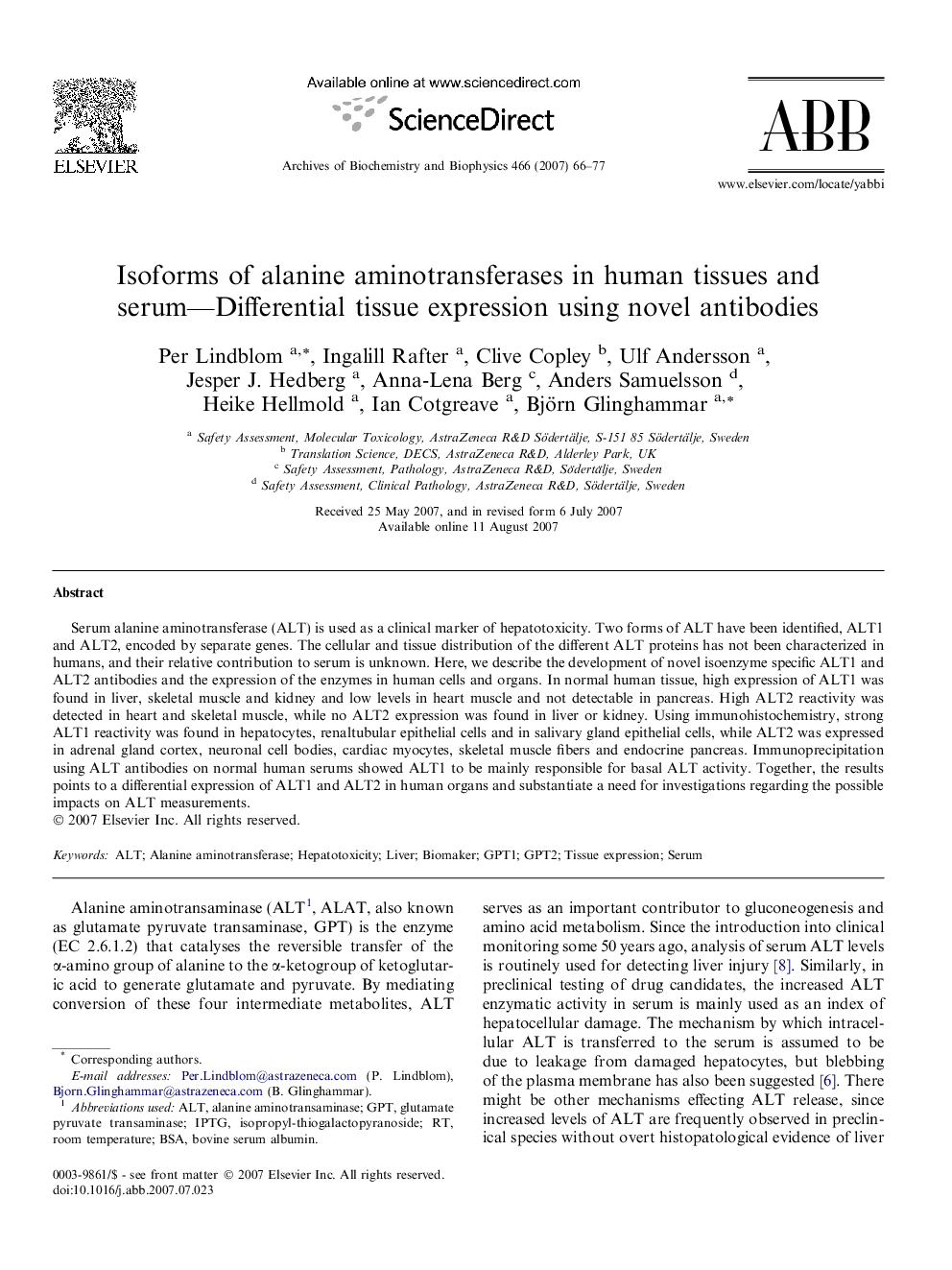 Isoforms of alanine aminotransferases in human tissues and serum—Differential tissue expression using novel antibodies