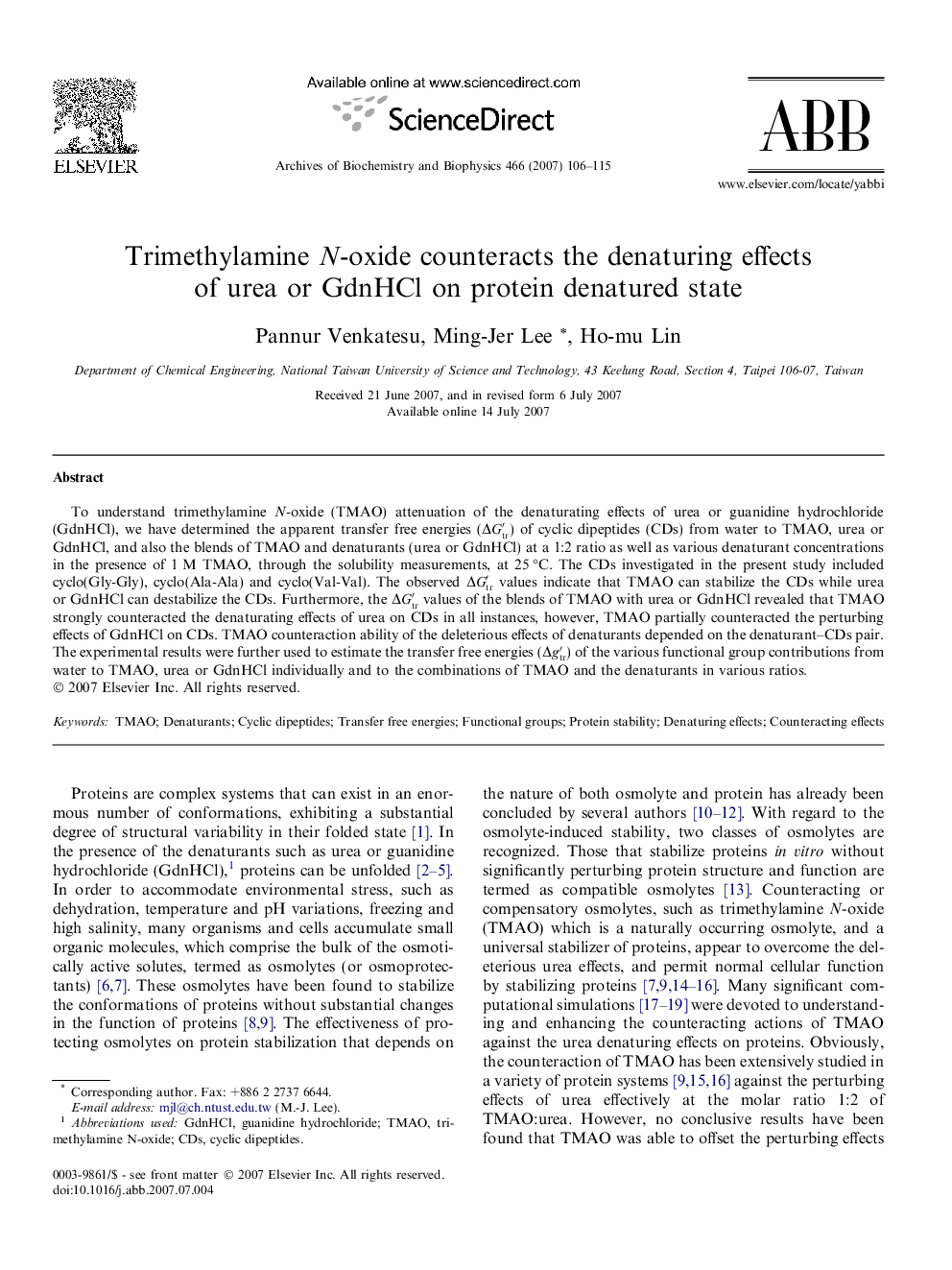 Trimethylamine N-oxide counteracts the denaturing effects of urea or GdnHCl on protein denatured state