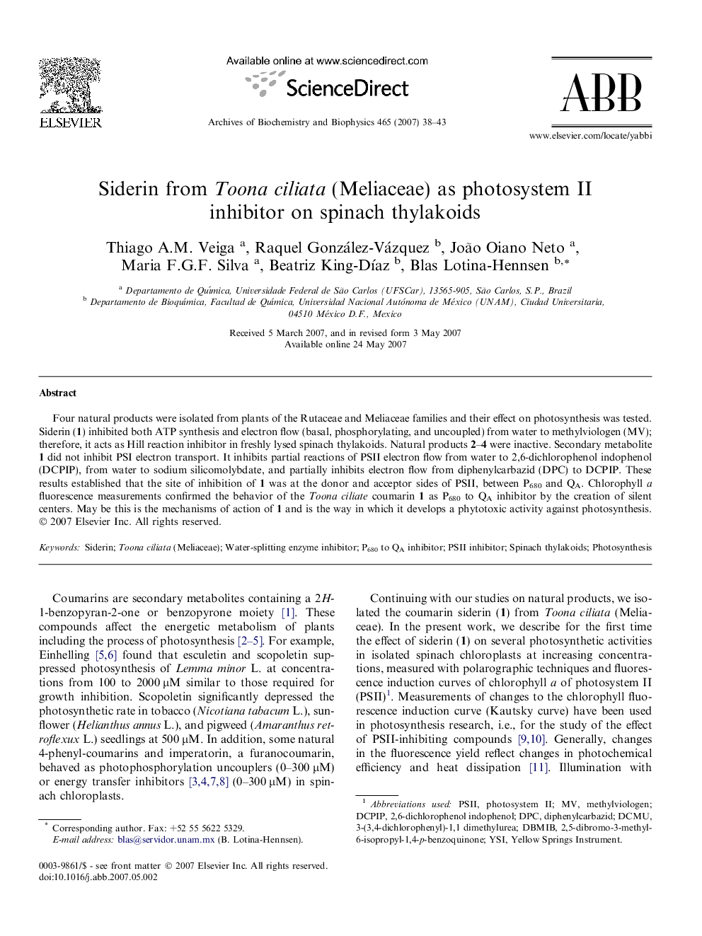 Siderin from Toona ciliata (Meliaceae) as photosystem II inhibitor on spinach thylakoids