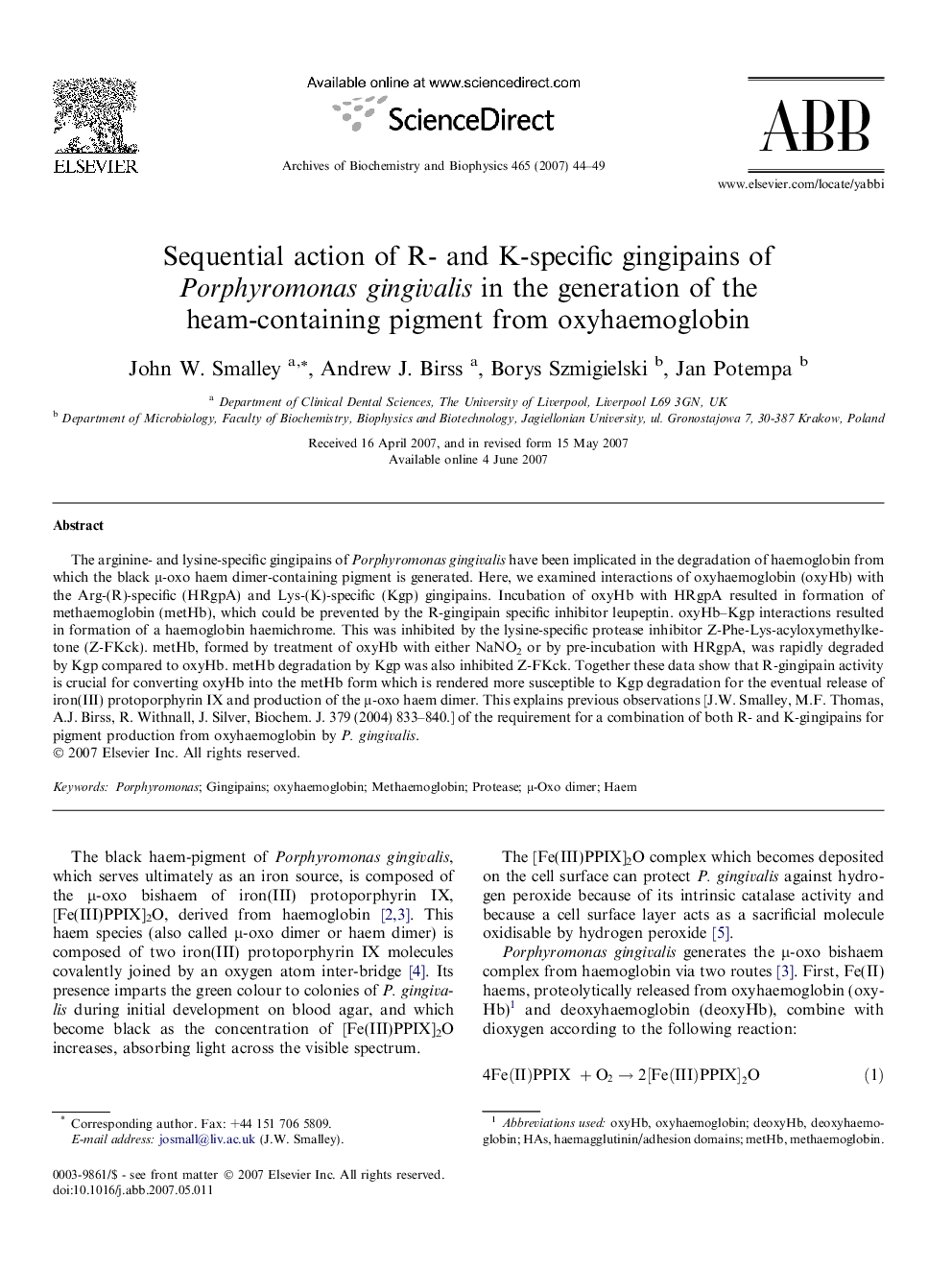 Sequential action of R- and K-specific gingipains of Porphyromonas gingivalis in the generation of the heam-containing pigment from oxyhaemoglobin