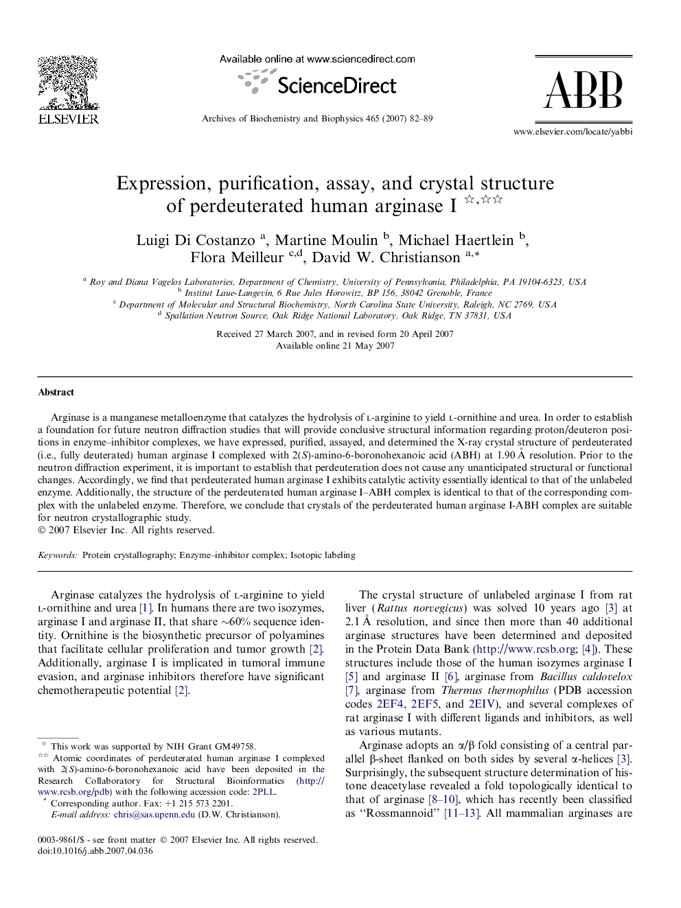 Expression, purification, assay, and crystal structure of perdeuterated human arginase I 