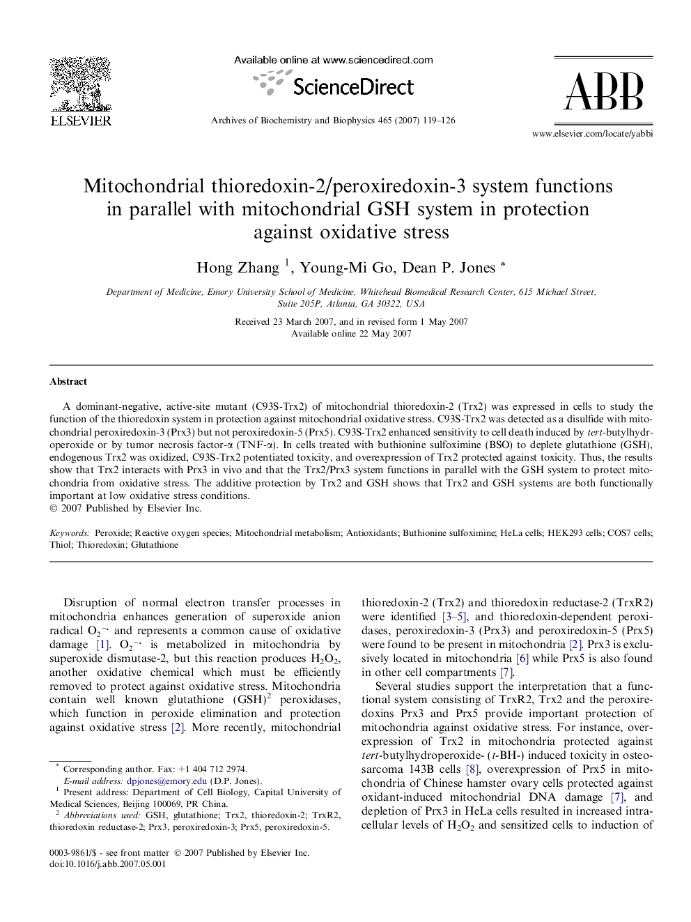 Mitochondrial thioredoxin-2/peroxiredoxin-3 system functions in parallel with mitochondrial GSH system in protection against oxidative stress