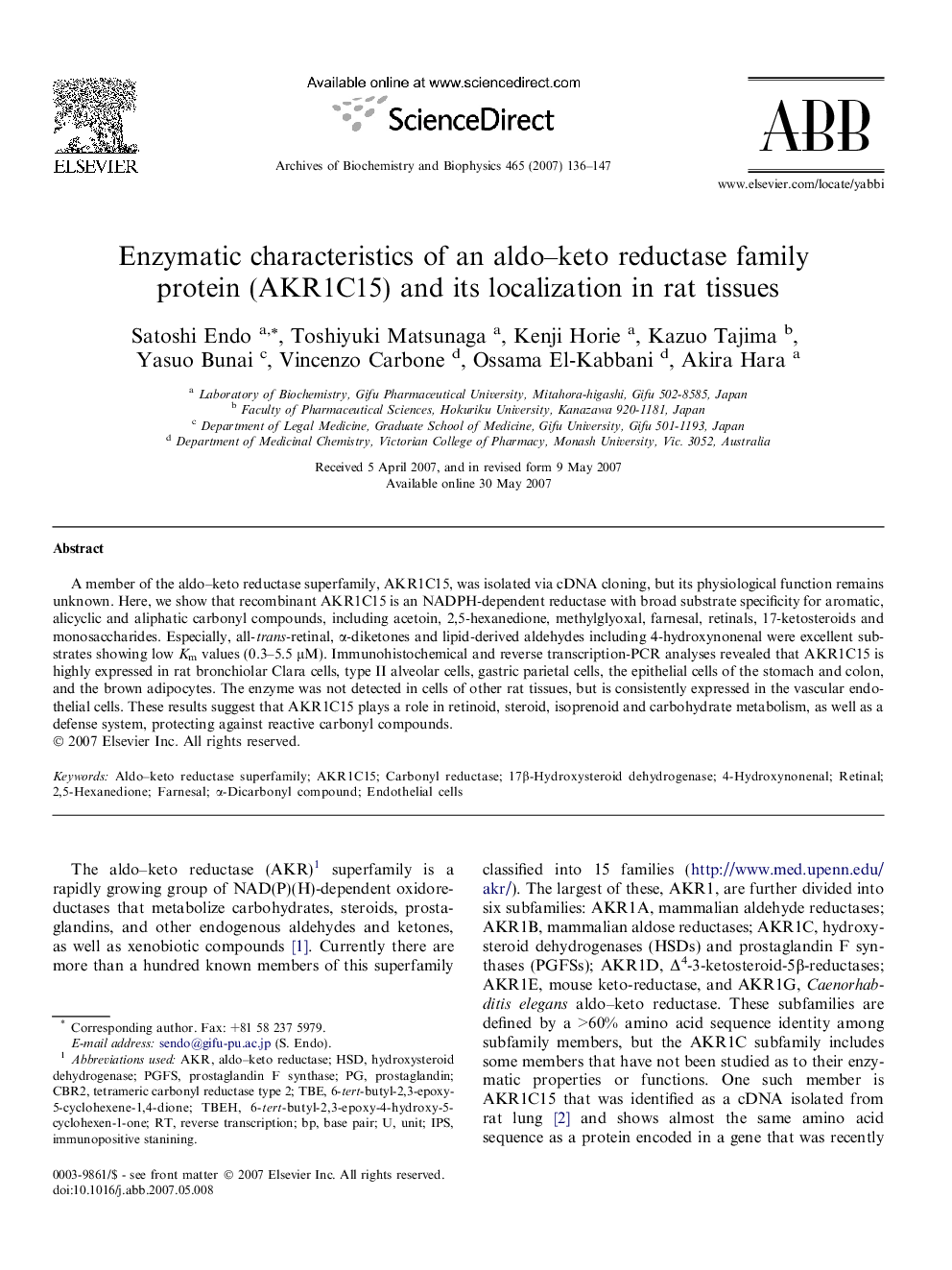 Enzymatic characteristics of an aldo–keto reductase family protein (AKR1C15) and its localization in rat tissues