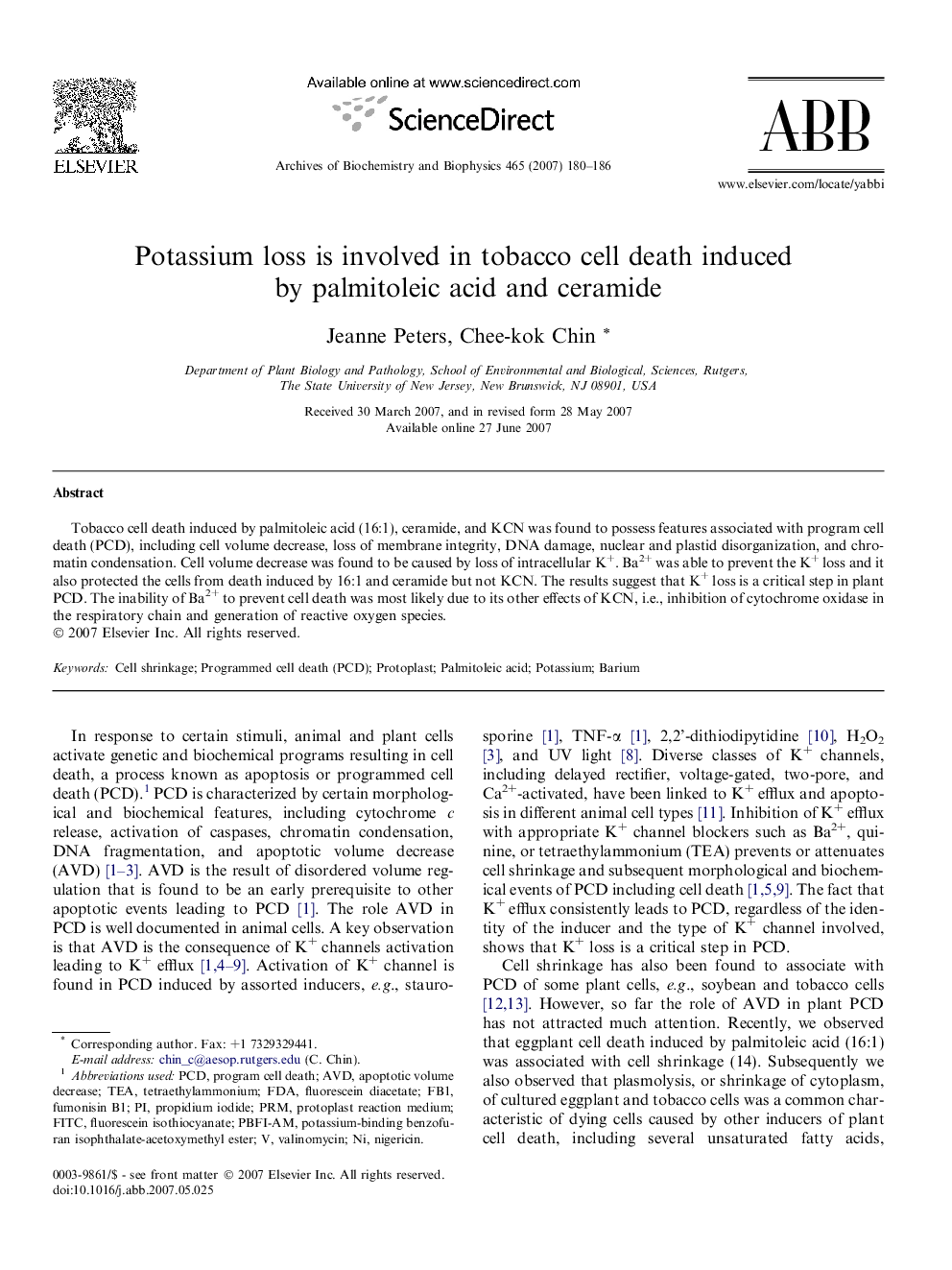 Potassium loss is involved in tobacco cell death induced by palmitoleic acid and ceramide