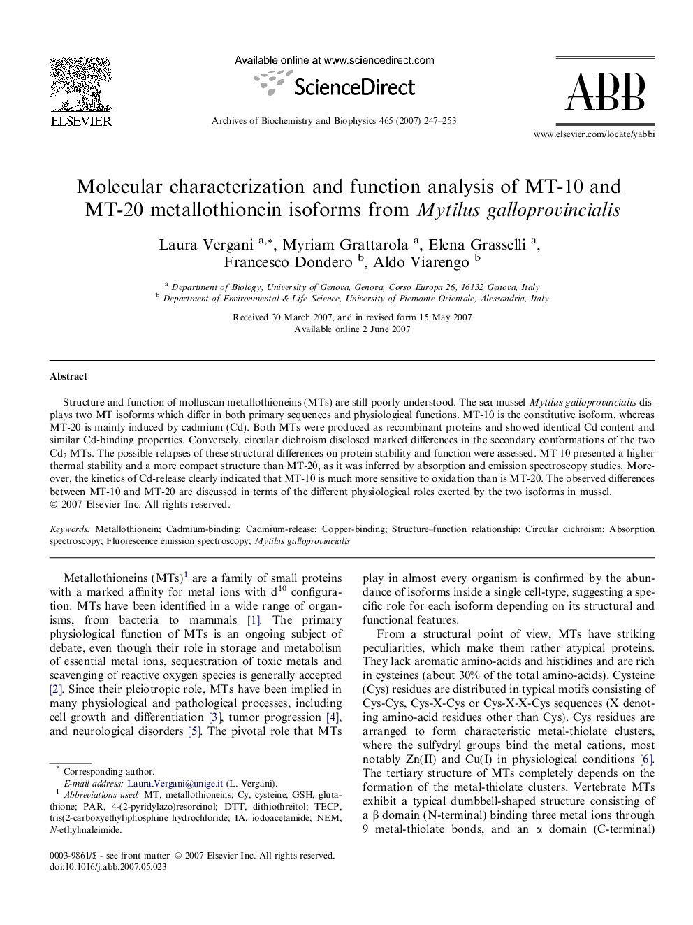 Molecular characterization and function analysis of MT-10 and MT-20 metallothionein isoforms from Mytilus galloprovincialis