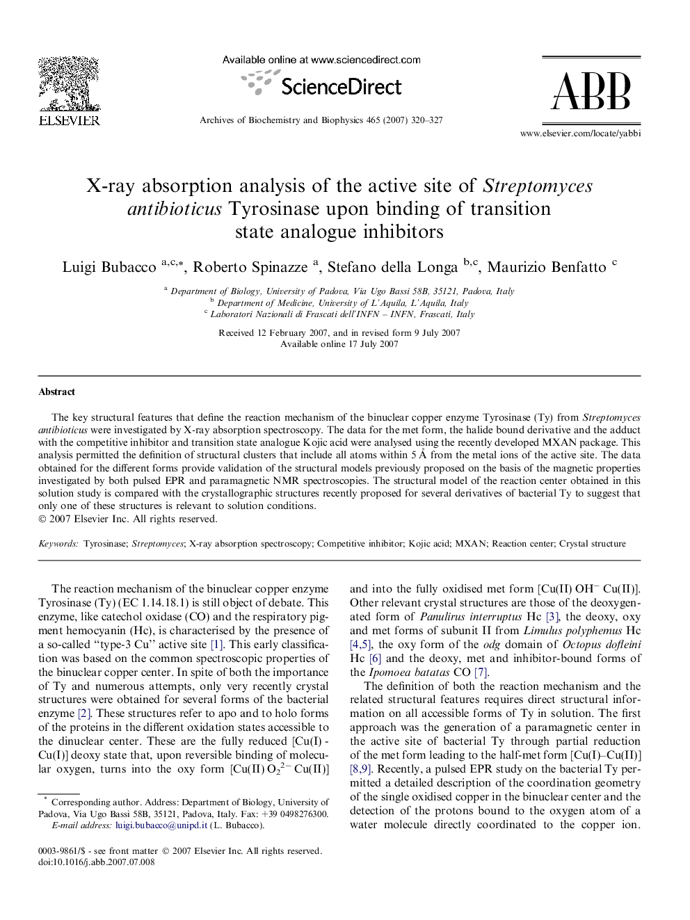 X-ray absorption analysis of the active site of Streptomyces antibioticus Tyrosinase upon binding of transition state analogue inhibitors