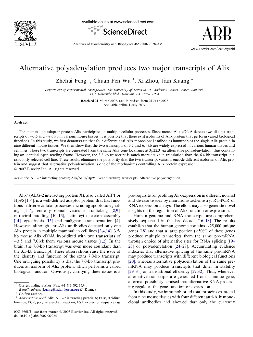 Alternative polyadenylation produces two major transcripts of Alix