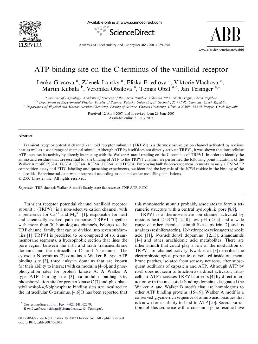 ATP binding site on the C-terminus of the vanilloid receptor