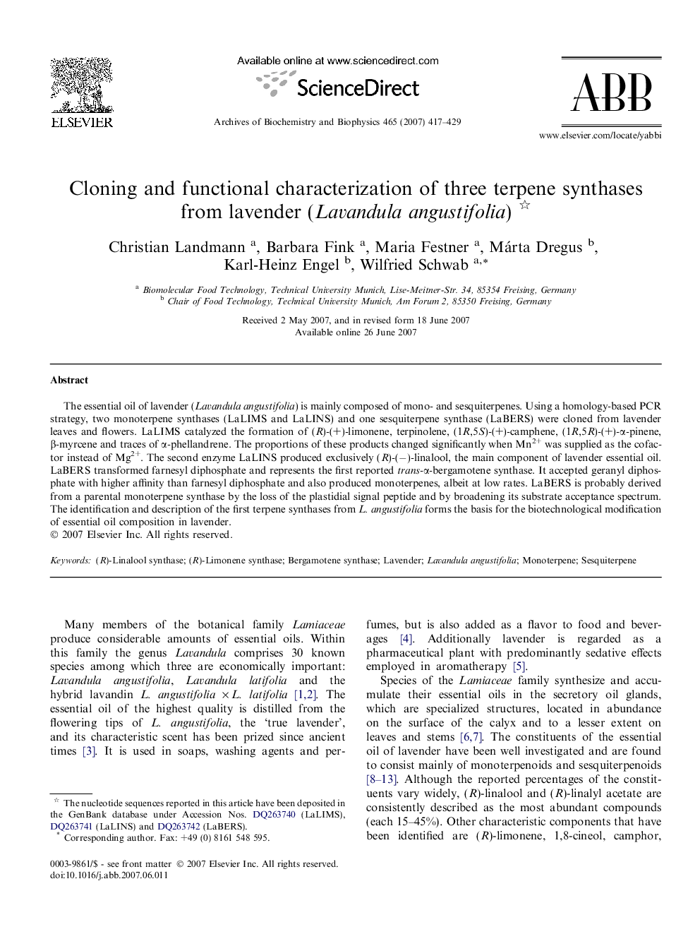 Cloning and functional characterization of three terpene synthases from lavender (Lavandula angustifolia) 