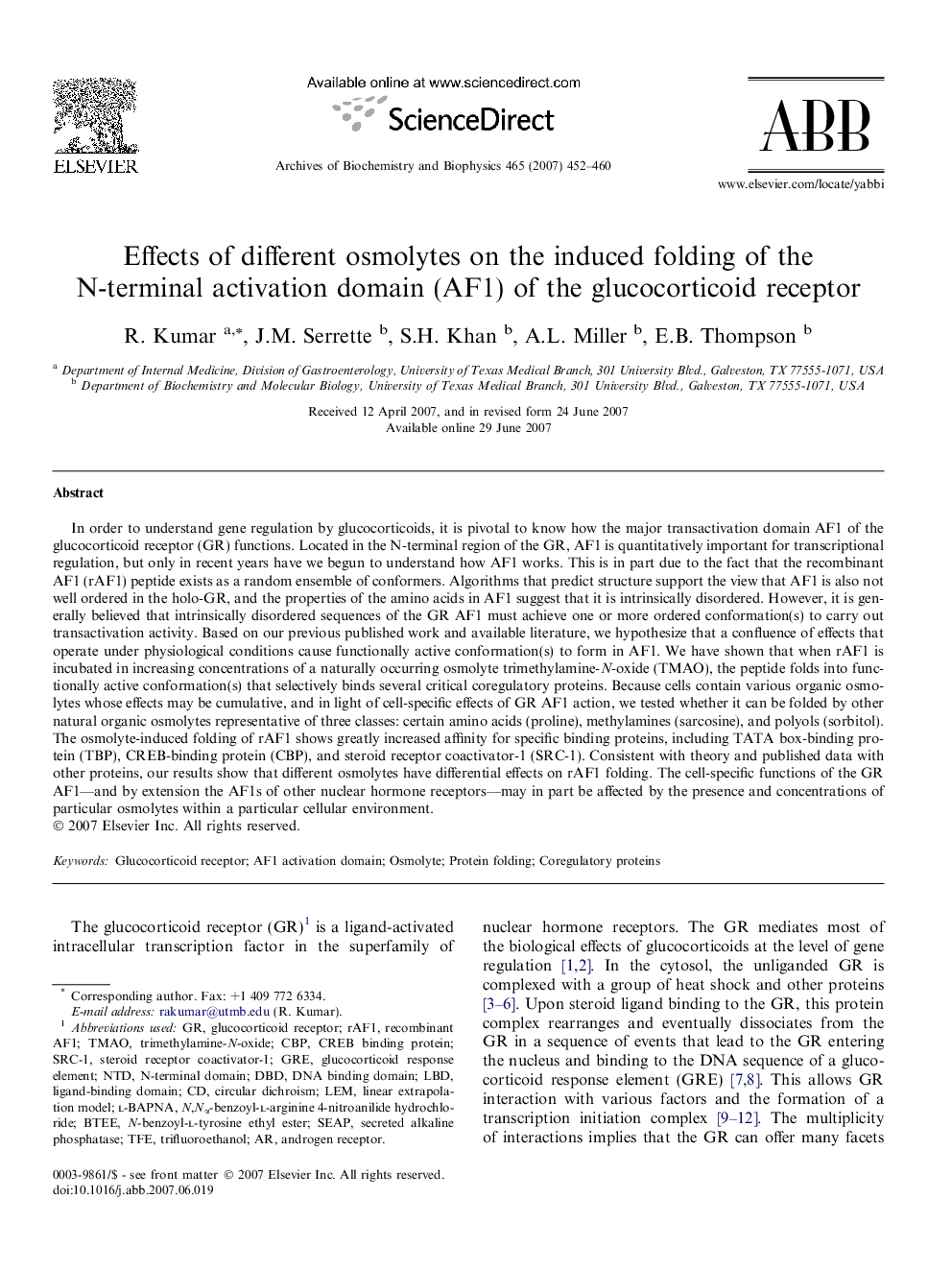 Effects of different osmolytes on the induced folding of the N-terminal activation domain (AF1) of the glucocorticoid receptor