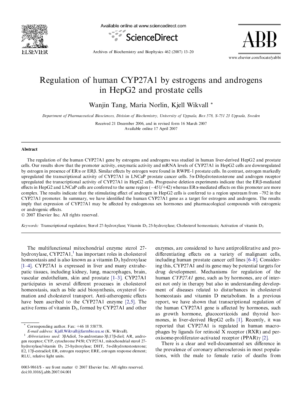 Regulation of human CYP27A1 by estrogens and androgens in HepG2 and prostate cells