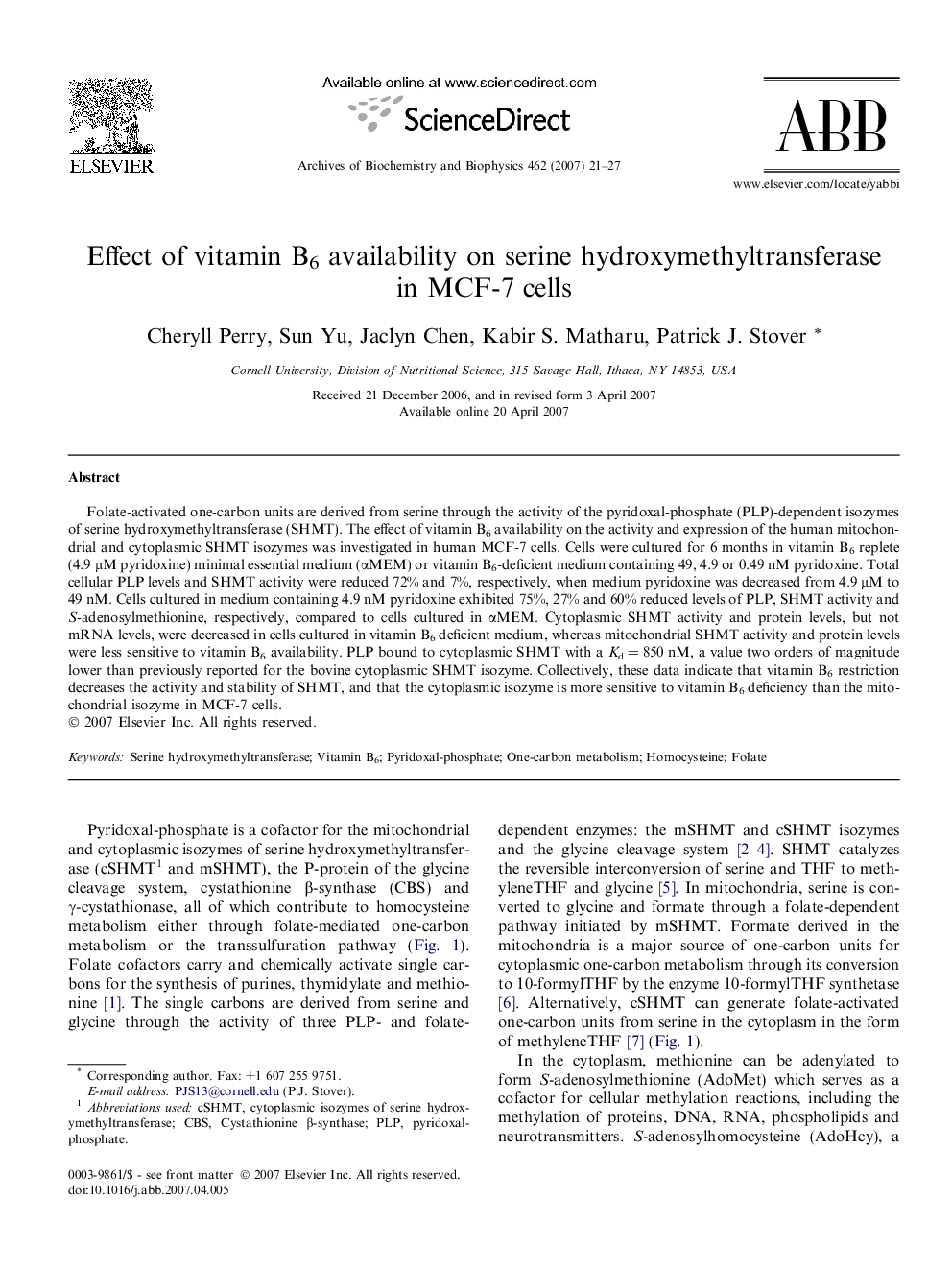 Effect of vitamin B6 availability on serine hydroxymethyltransferase in MCF-7 cells