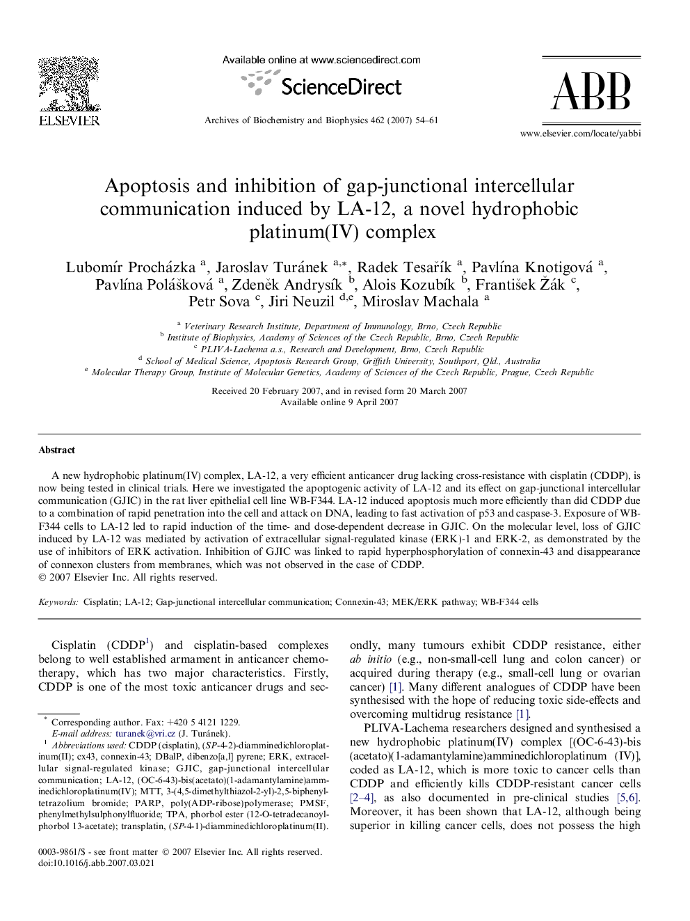 Apoptosis and inhibition of gap-junctional intercellular communication induced by LA-12, a novel hydrophobic platinum(IV) complex