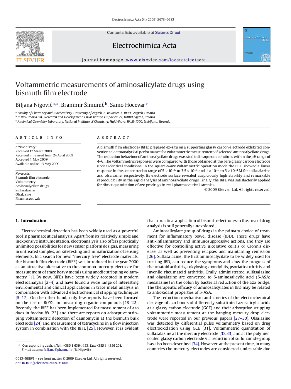 Voltammetric measurements of aminosalicylate drugs using bismuth film electrode