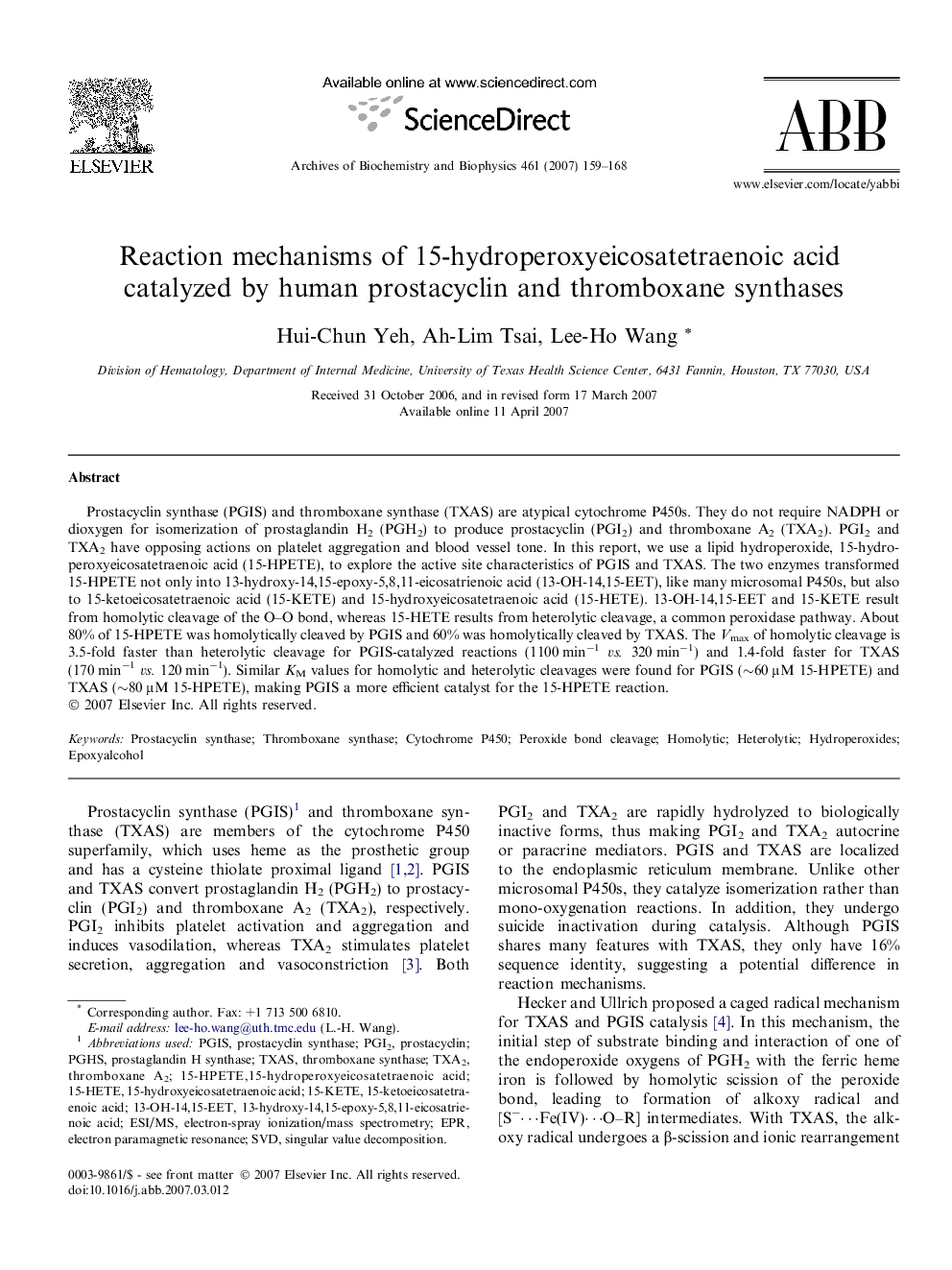 Reaction mechanisms of 15-hydroperoxyeicosatetraenoic acid catalyzed by human prostacyclin and thromboxane synthases