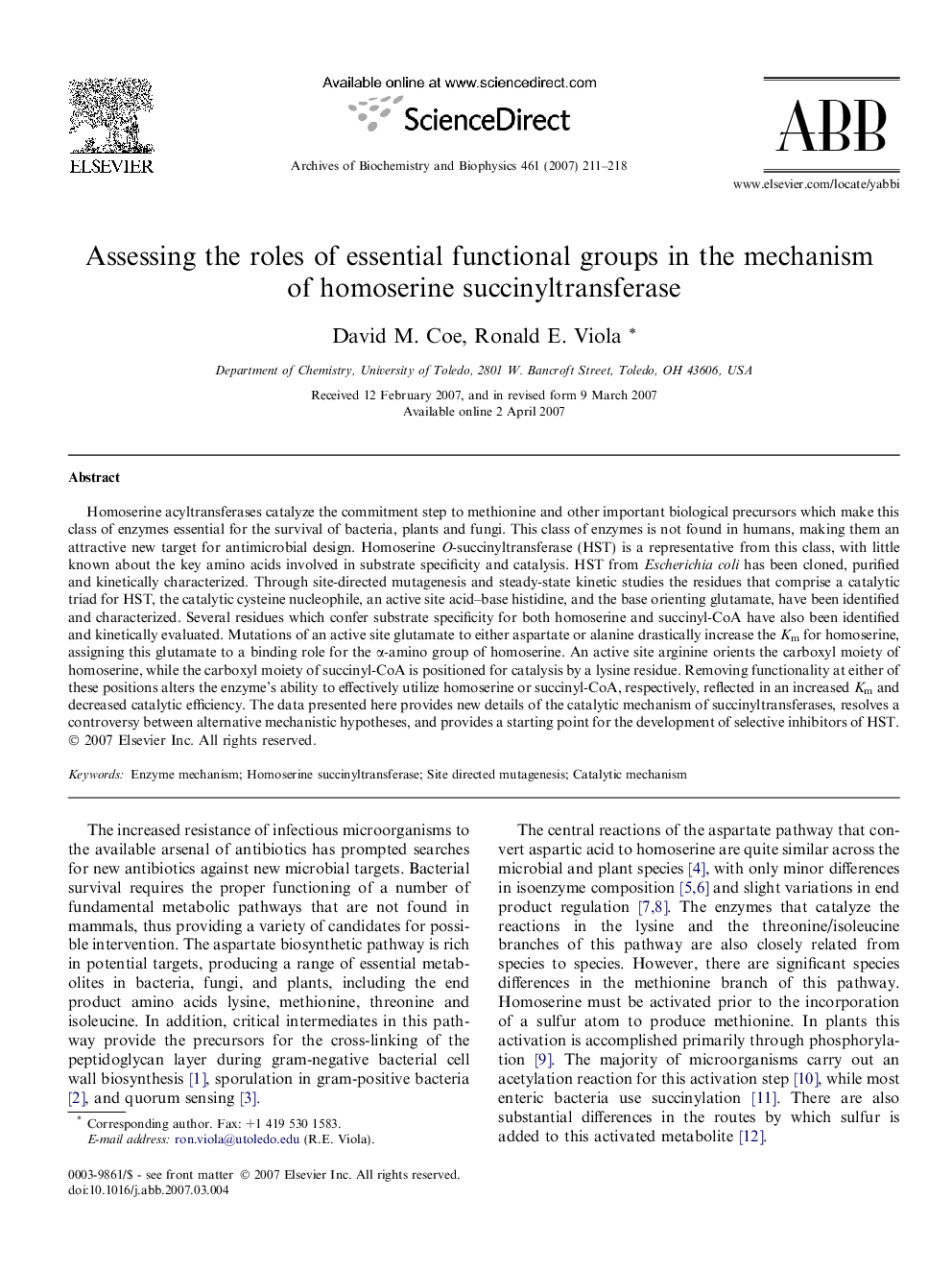 Assessing the roles of essential functional groups in the mechanism of homoserine succinyltransferase