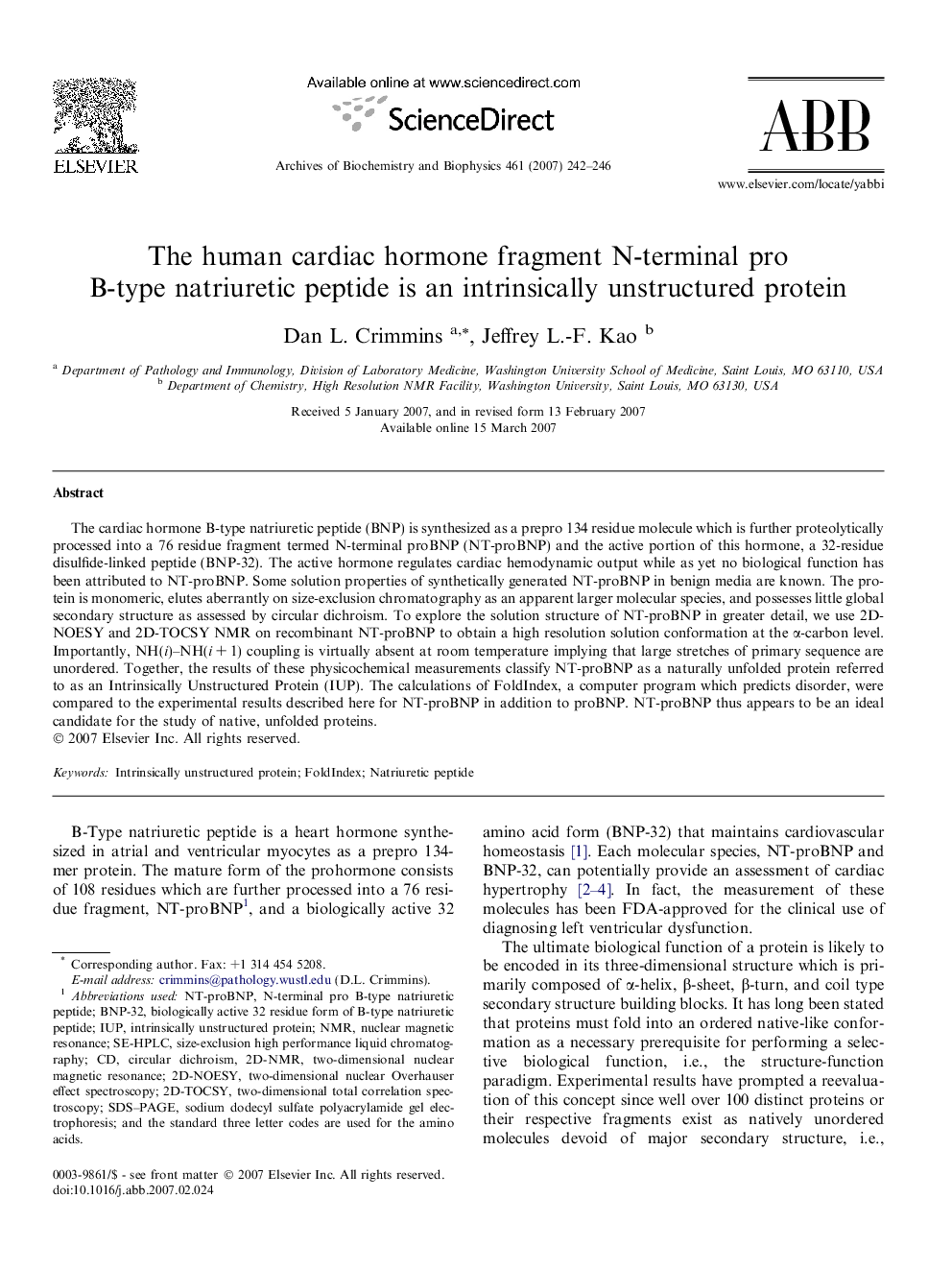 The human cardiac hormone fragment N-terminal pro B-type natriuretic peptide is an intrinsically unstructured protein