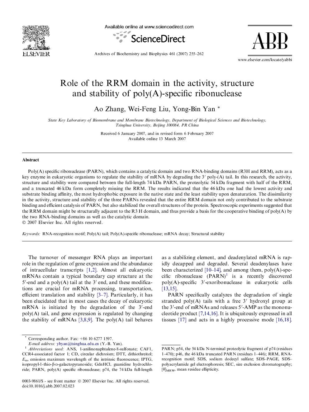 Role of the RRM domain in the activity, structure and stability of poly(A)-specific ribonuclease