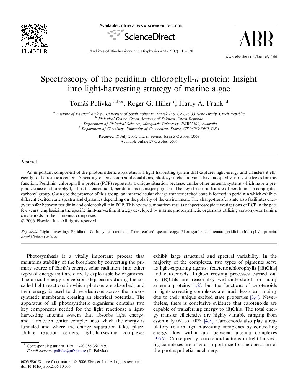 Spectroscopy of the peridinin–chlorophyll-a protein: Insight into light-harvesting strategy of marine algae