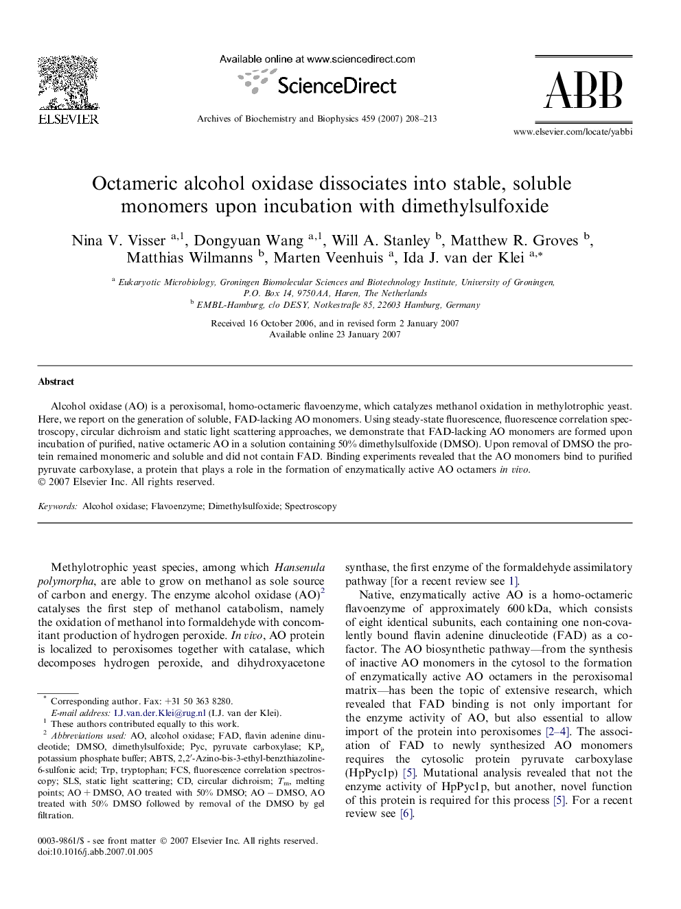 Octameric alcohol oxidase dissociates into stable, soluble monomers upon incubation with dimethylsulfoxide