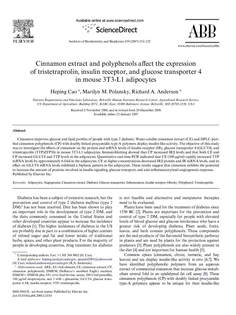 Cinnamon extract and polyphenols affect the expression of tristetraprolin, insulin receptor, and glucose transporter 4 in mouse 3T3-L1 adipocytes