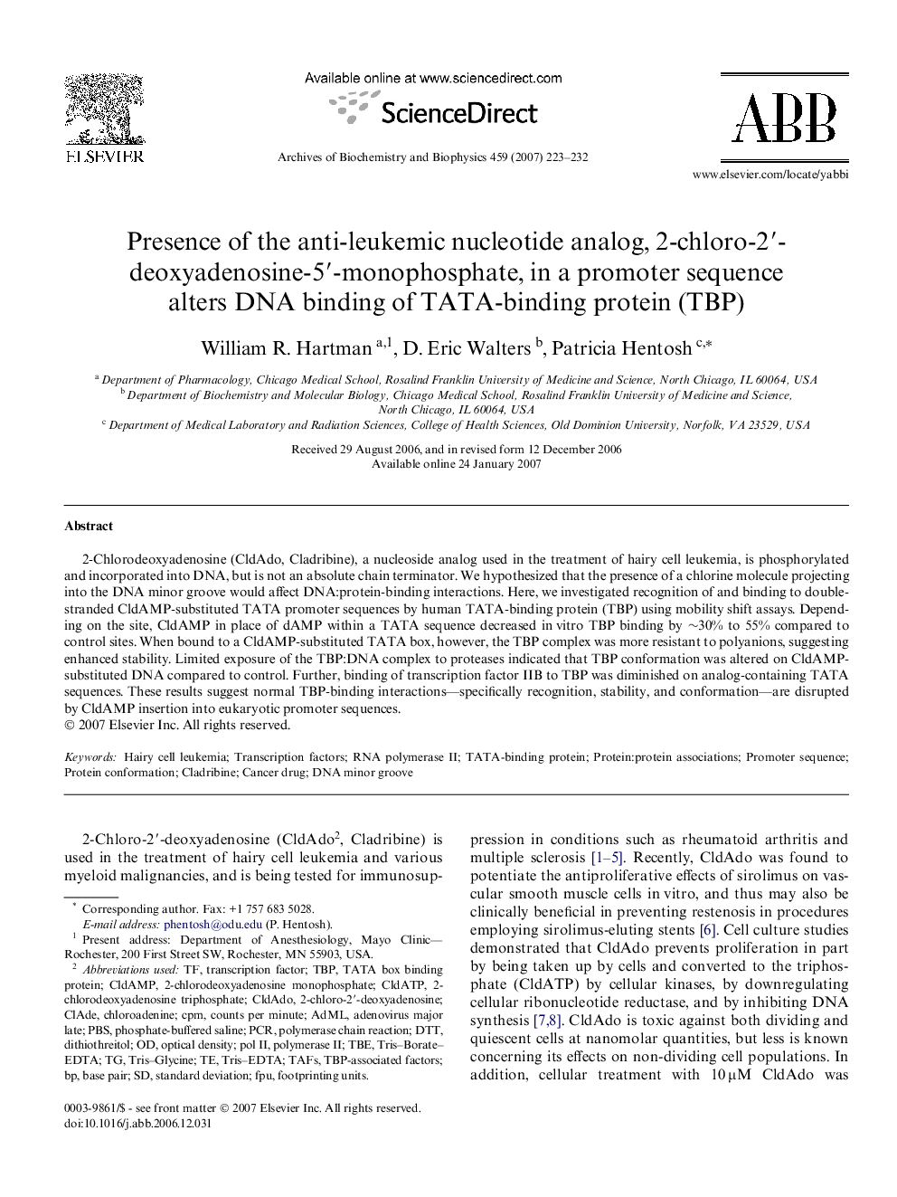 Presence of the anti-leukemic nucleotide analog, 2-chloro-2â²-deoxyadenosine-5â²-monophosphate, in a promoter sequence alters DNA binding of TATA-binding protein (TBP)