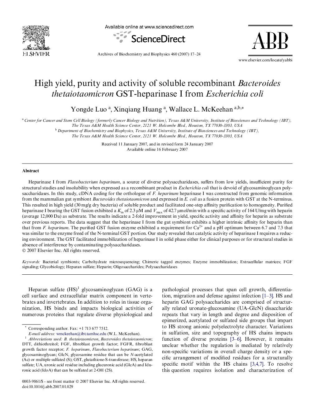 High yield, purity and activity of soluble recombinant Bacteroides thetaiotaomicron GST-heparinase I from Escherichia coli