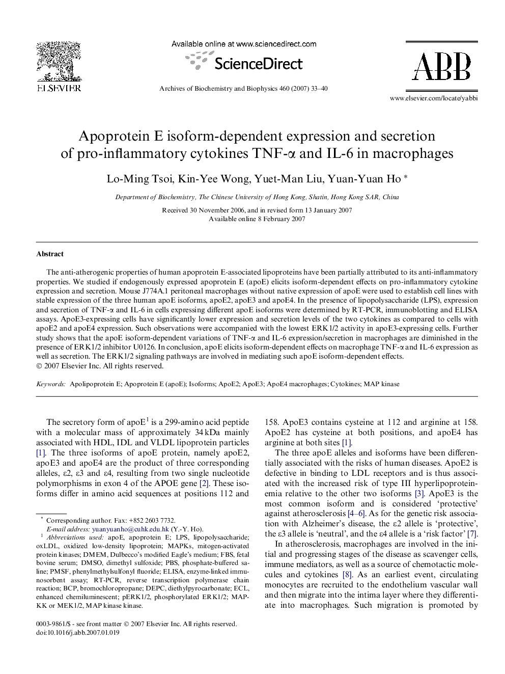 Apoprotein E isoform-dependent expression and secretion of pro-inflammatory cytokines TNF-Î± and IL-6 in macrophages