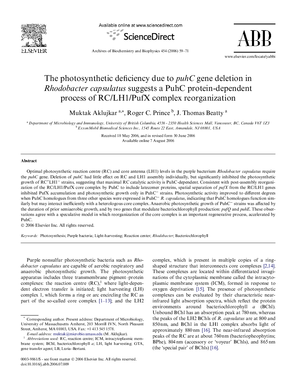 The photosynthetic deficiency due to puhC gene deletion in Rhodobacter capsulatus suggests a PuhC protein-dependent process of RC/LH1/PufX complex reorganization