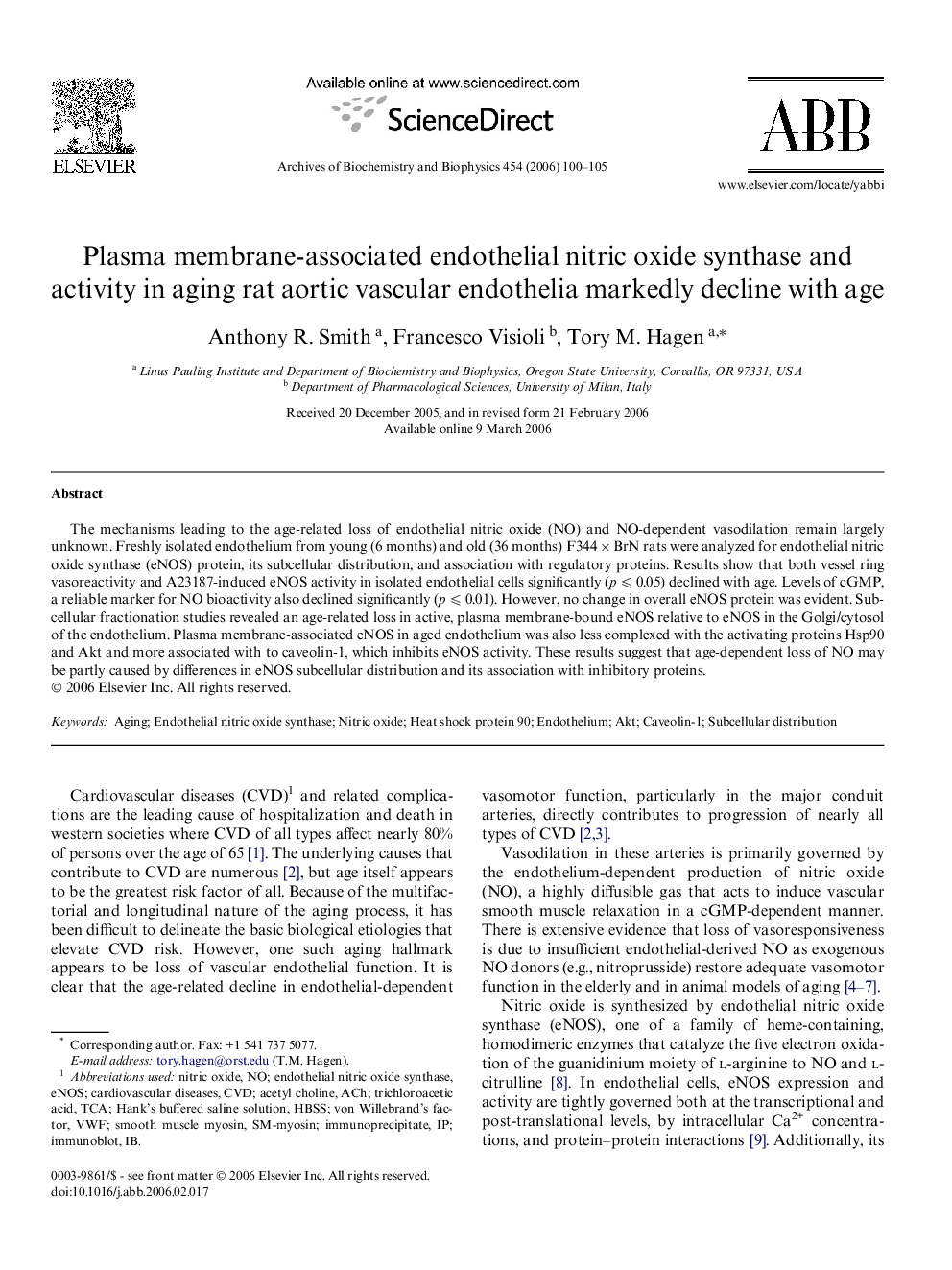 Plasma membrane-associated endothelial nitric oxide synthase and activity in aging rat aortic vascular endothelia markedly decline with age