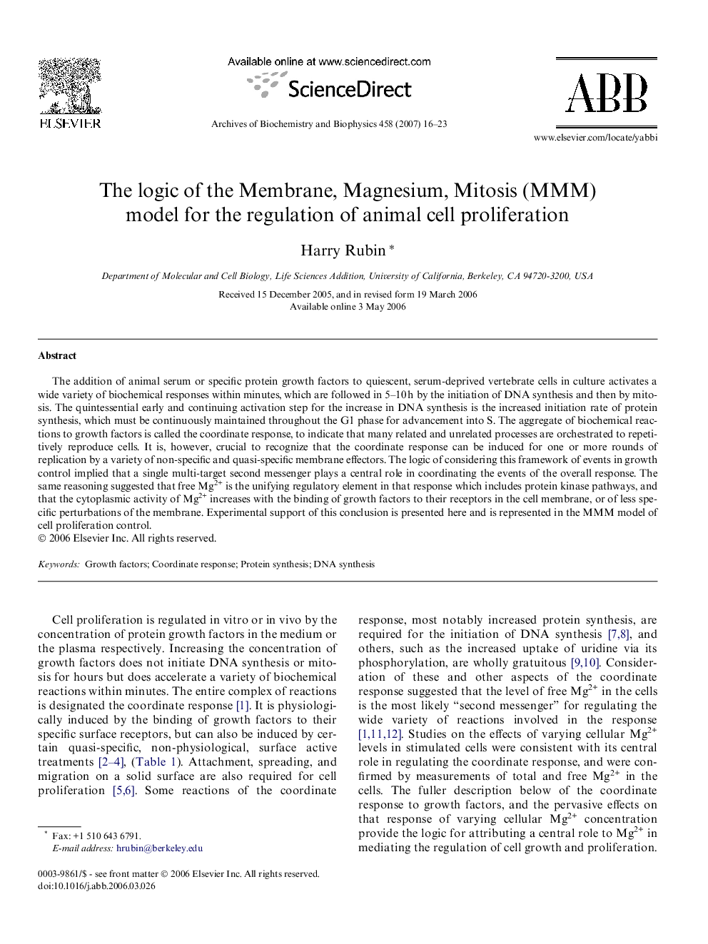 The logic of the Membrane, Magnesium, Mitosis (MMM) model for the regulation of animal cell proliferation